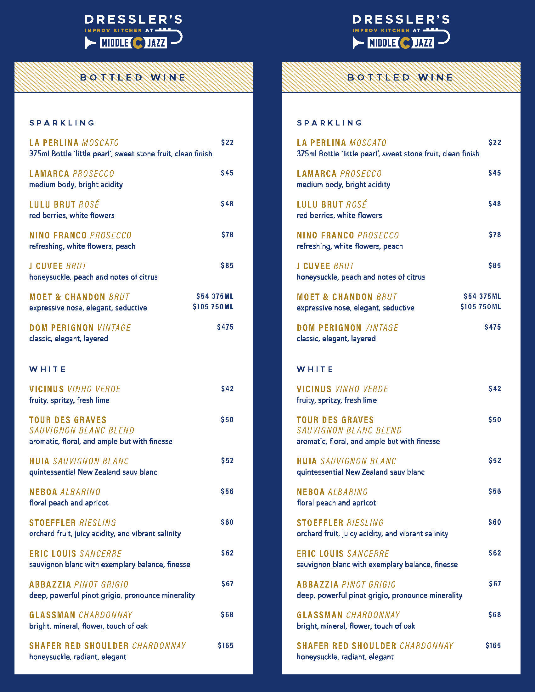 Wine Menu at Dresslers at Middle C