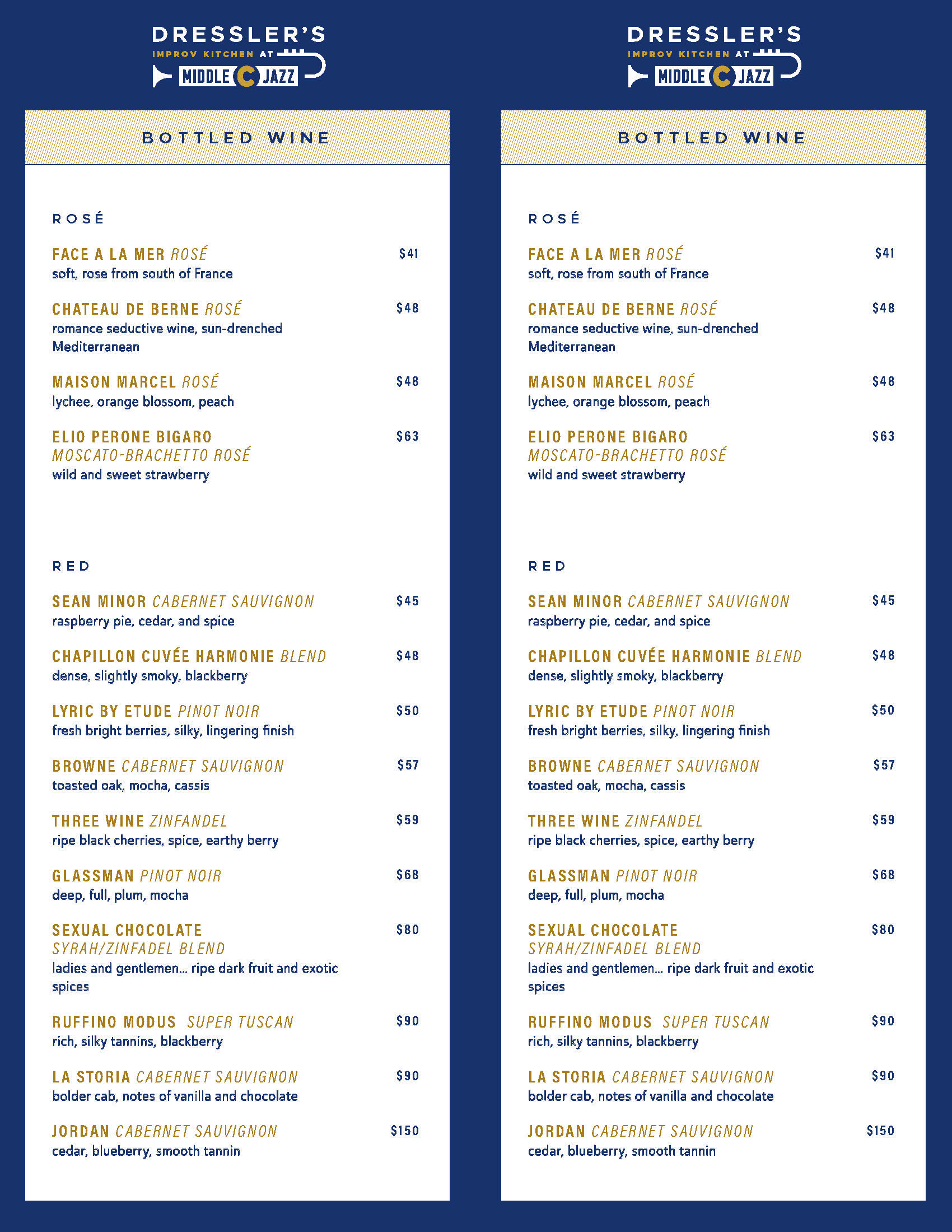 Wine Menu at Dresslers at Middle C